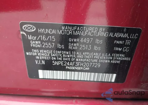 2015 Hyundai Sonata Se z USA, uszkodzony, nr VIN 5NPE24AF3FH207729